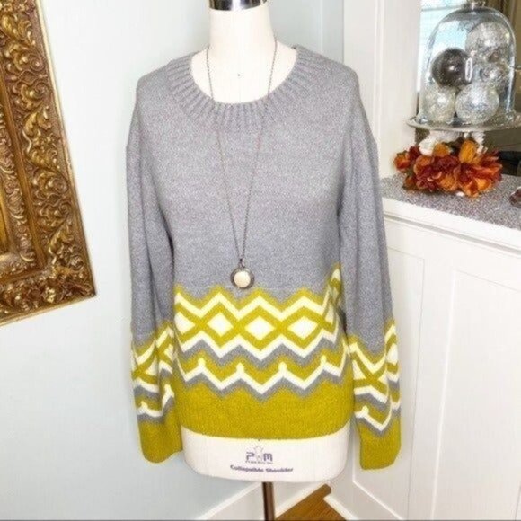 J. Crew Geometric Fair Isle Crewneck Sweater Gold Gray Cream Wool Medium - Picture 3 of 8